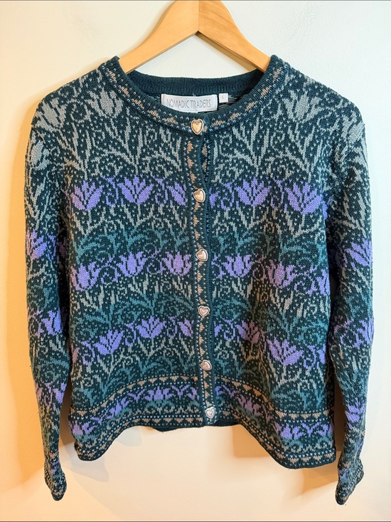 Nomadic Traders Sweaters - Nomadic Traders Teal & Purple Fair Isle Ramie/Cotton Blend Cardigan